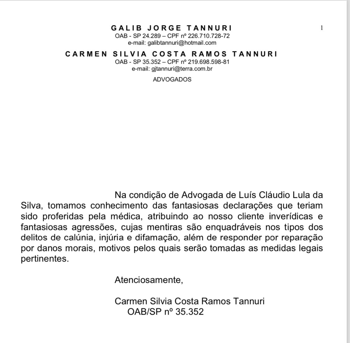 nota de advogada de luis claudio lula