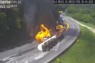 Caminhão tomba, explode e destrói 25 veículos na BR-101 em Santa Catarina