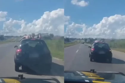 Homem sem roupas no teto do carro é flagrado em alta velocidade na BR-153, em Goiás [Vídeo]