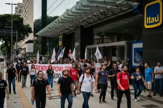 Manifestação de esquerda invade Itaú em São Paulo Lima pedindo aumento de impostos