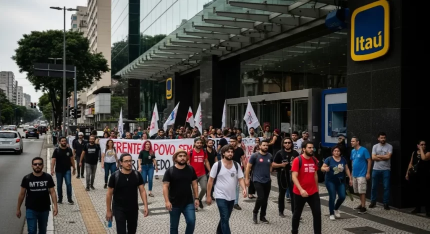 Manifestação de esquerda invade Itaú em São Paulo Lima pedindo aumento de impostos