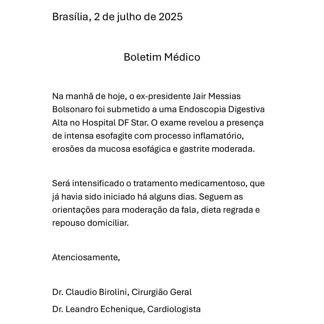 Nota Michelle Bolsonaro com esofagite