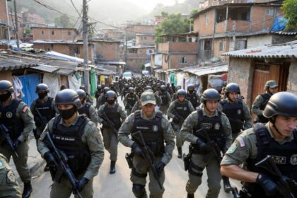 crie uma imagem ultra realista de uma Megaoperação nacional contra facções mobiliza forças policiais em 15 estados brasileiros, policiais adentram favelas, a imagem precisa ser na horizontal
