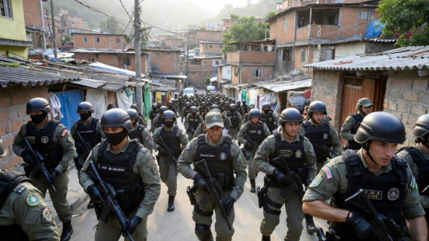 crie uma imagem ultra realista de uma Megaoperação nacional contra facções mobiliza forças policiais em 15 estados brasileiros, policiais adentram favelas, a imagem precisa ser na horizontal